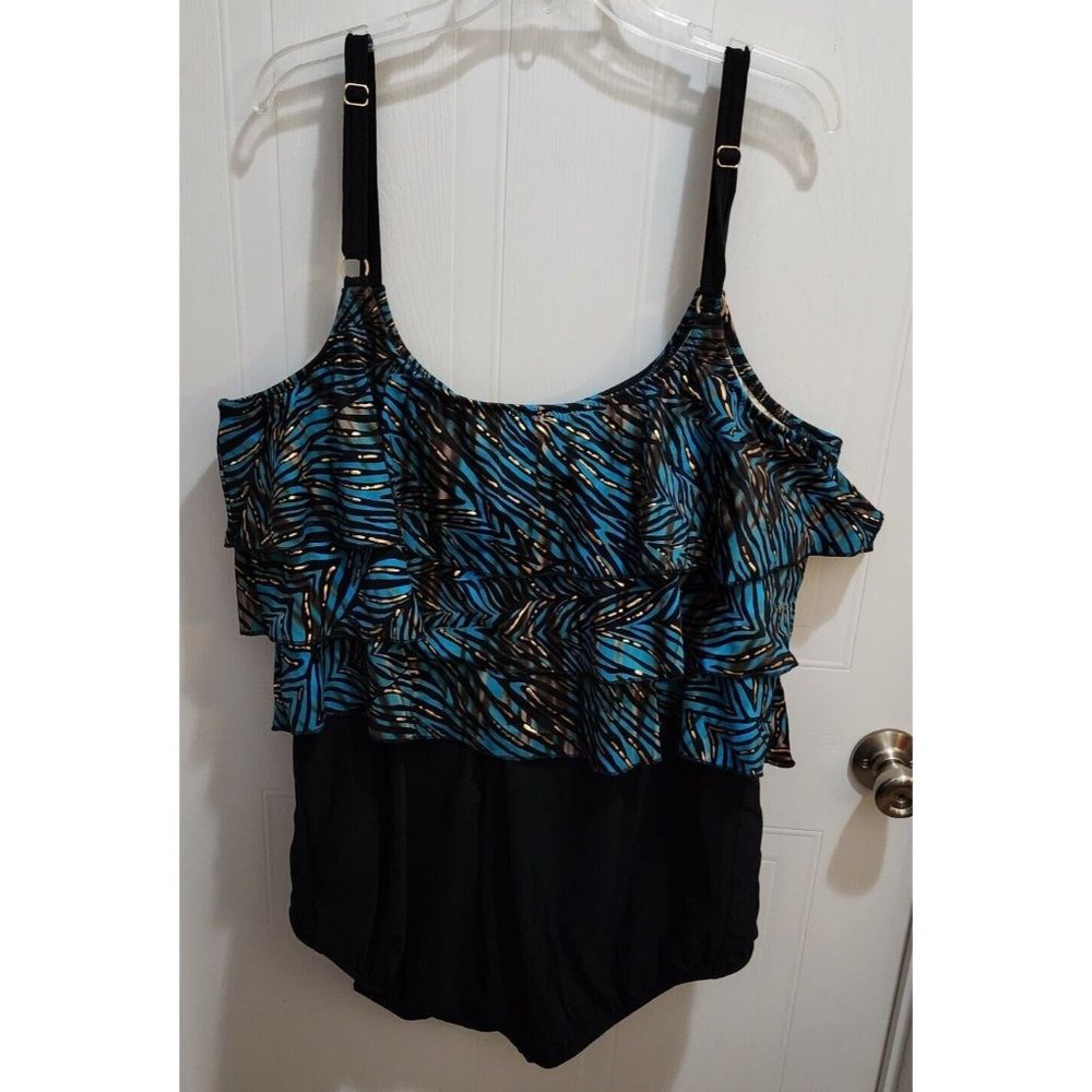 NWT T.H.E. Swimwear Womens One Piece Bathing Swim Suit Blue Ruffles Plus Sz 32W